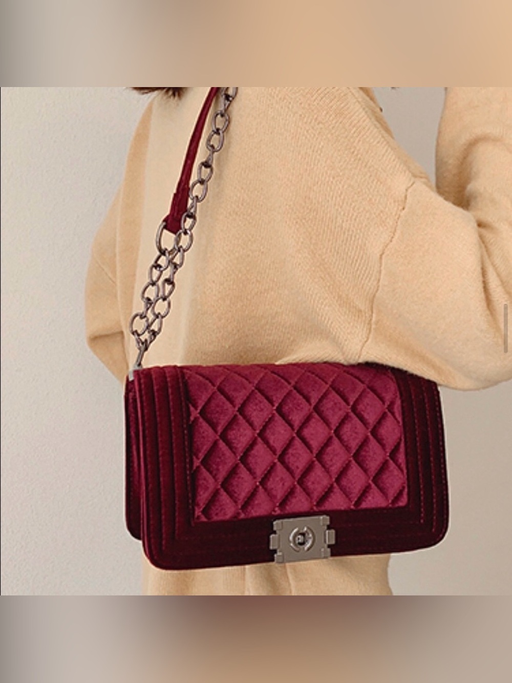 Quilted Velvet Crossbody Bag - Burgundy